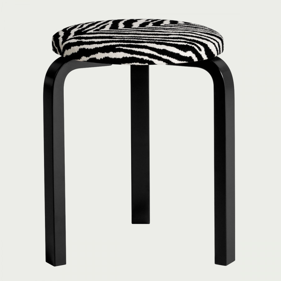 Artek Alvar Aalto  - Three Legged Stool 60 - Black Lacquered Legs with Zebra Upholstered Seat