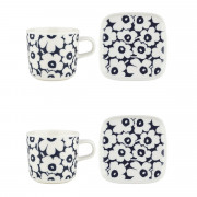 Marimekko Pikkuinen Unikko Dark Blue / White 4pc Coffee Cup & Mini Plate Set - Anniversary Edition