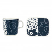 Marimekko Unikko Kollaasi Dark Blue / White Large Mug & Small Plate Set