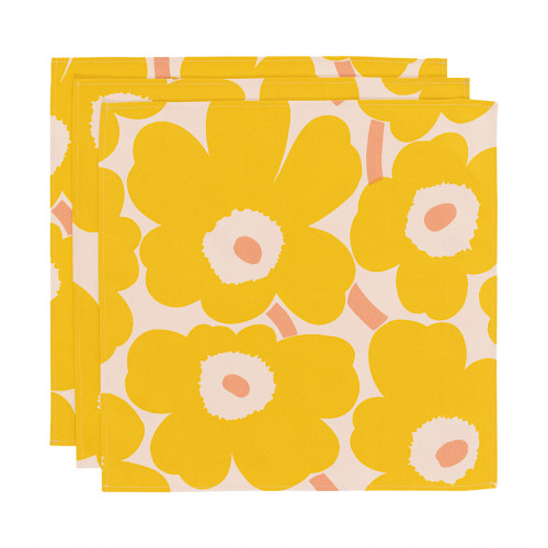 Marimekko Pieni Unikko Yellow / Beige / Peach Cotton Napkins - Set of 3