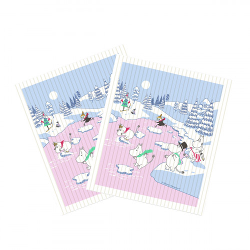 Moomin Winter Blue / White / Pink Dishcloth - Set of 2