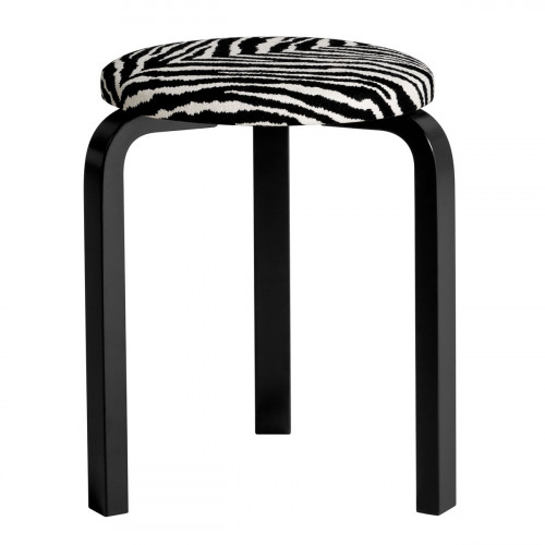 Artek Alvar Aalto Stool 60 - Three Legged Stool - Black Lacquered Legs with Zebra Upholstered Seat