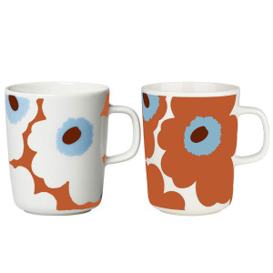 Marimekko Unikko Orange / Red / Blue / White Coffee Mugs - Set of 2